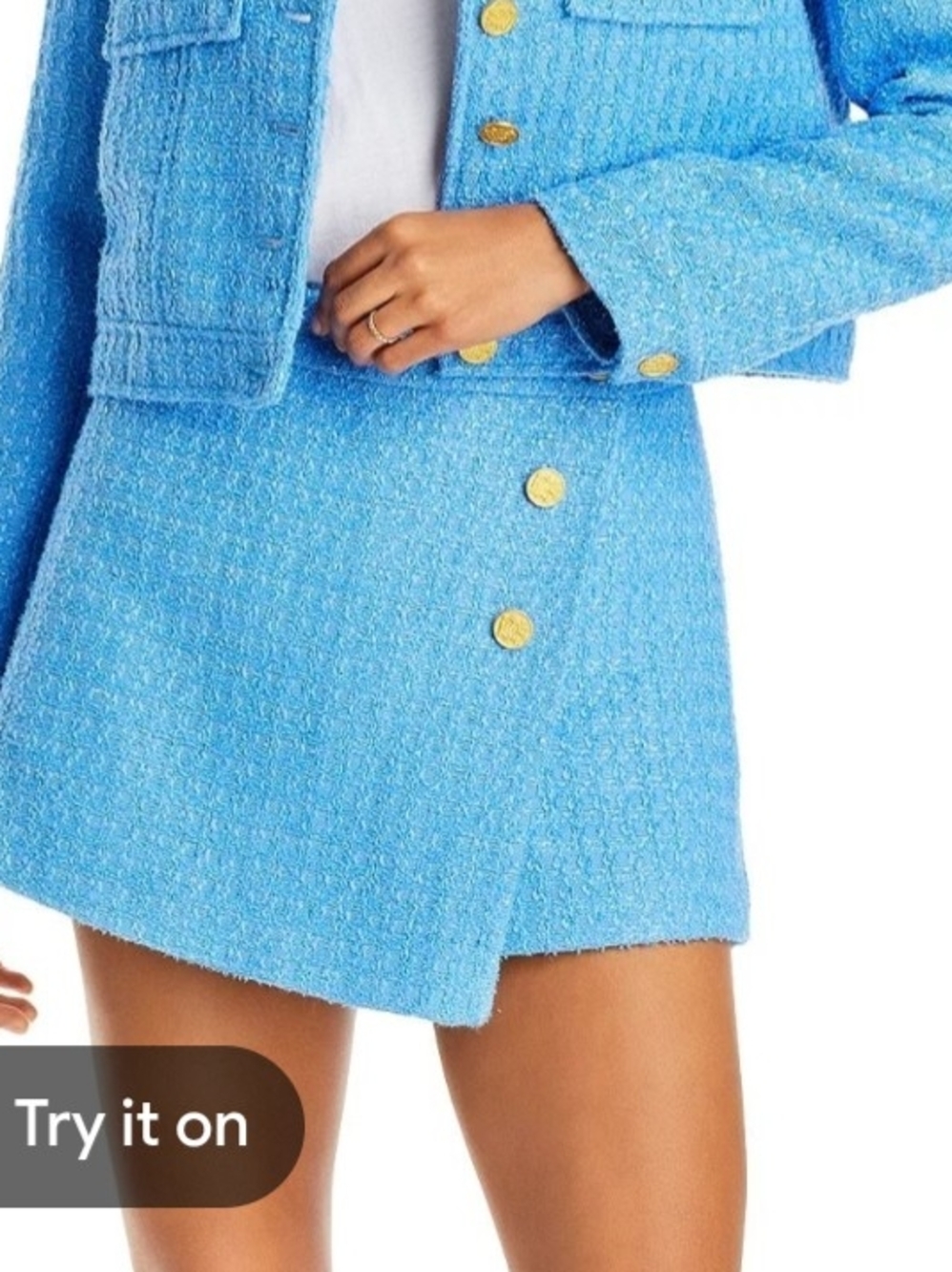 Aqua Light Blue Bouclรฉ Tweed Mini Skort with Gold Buttons, Medium